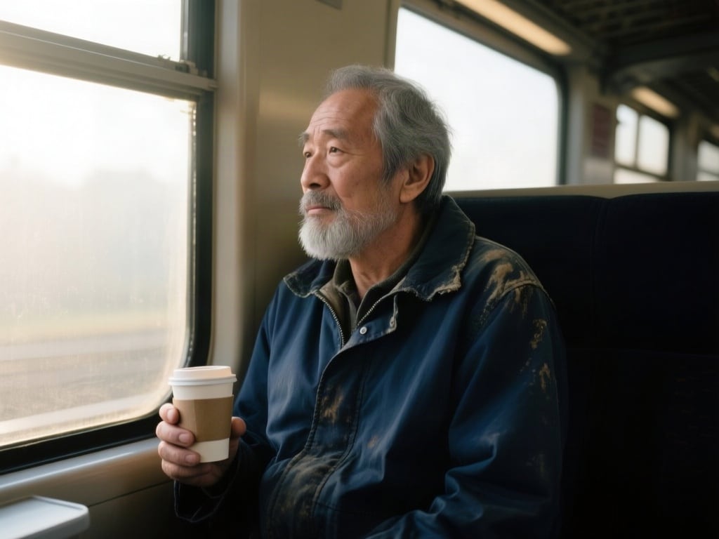 A man in his sixties with a grey beard and a worn navy windbreaker sits by the window of a commuter train in early morni