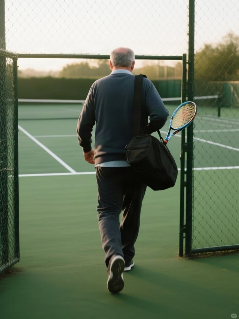 A man in his late forties seen from behind, mid-stride as he walks onto a green hard tennis court at an ordinary local c