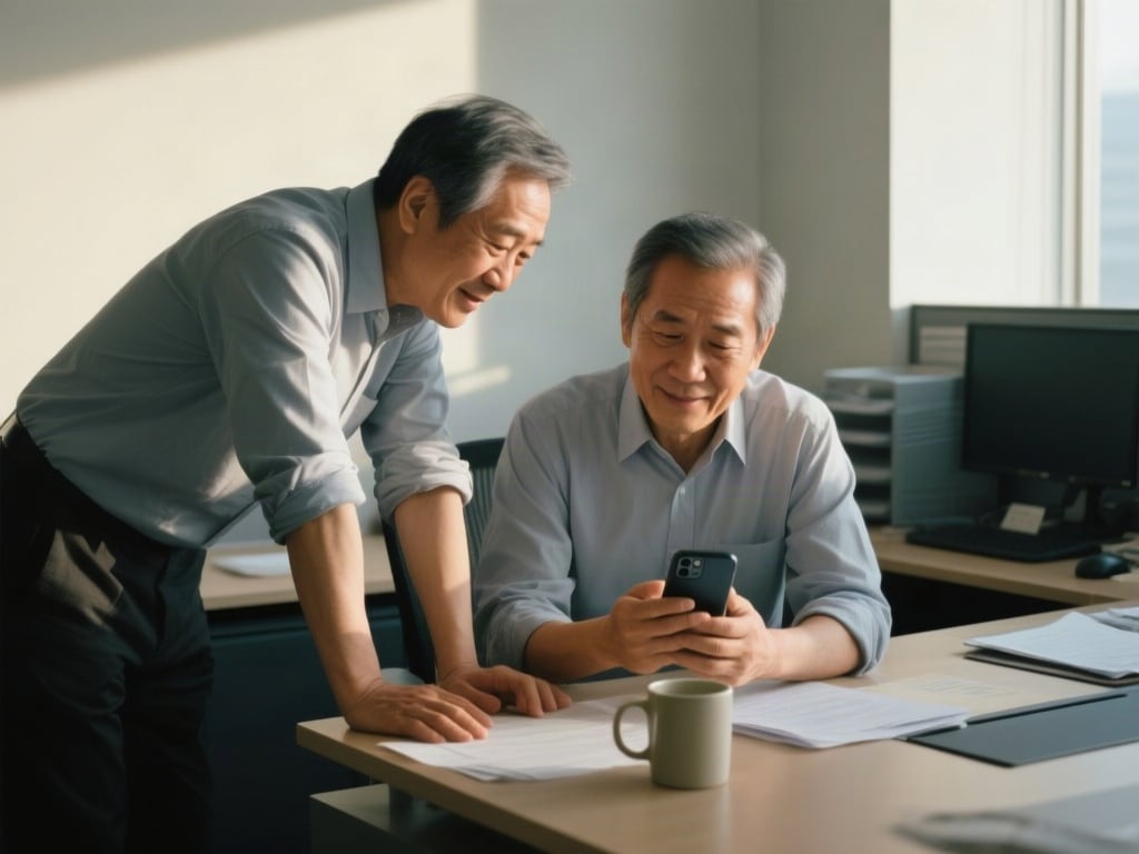 Two male friends in their fifties at a shared office desk in the late afternoon, one leaning over to show the other some