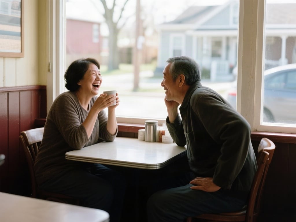 A couple in their forties sit at a small table in a neighbourhood café on a weekday afternoon, she is mid-laugh holding 